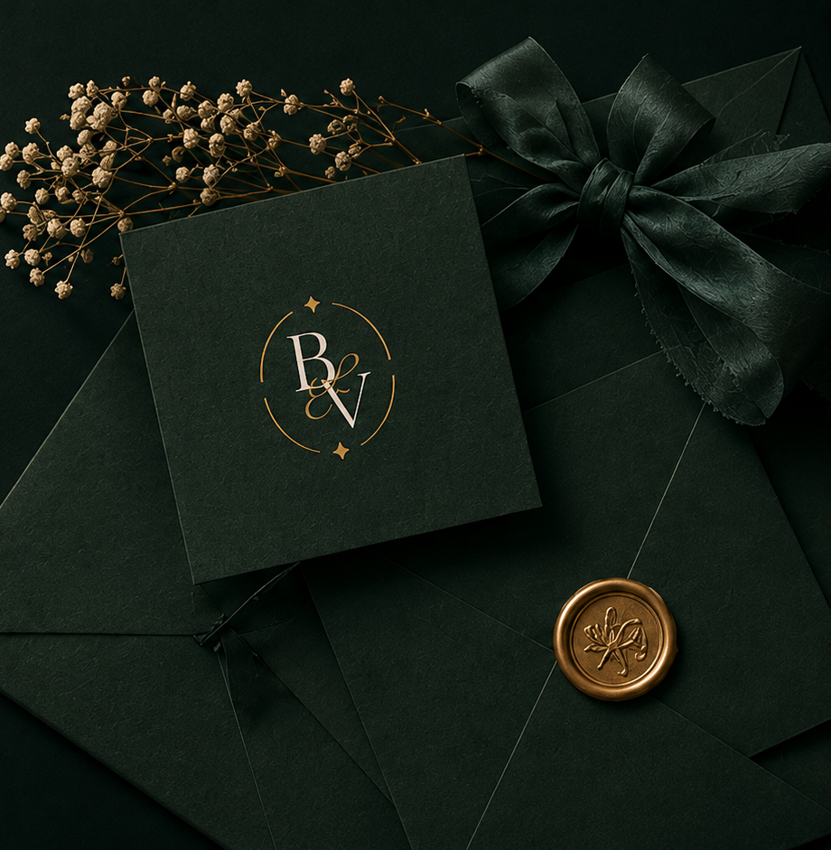 Brand & Vow monogram envelope with wax seal and dried florals